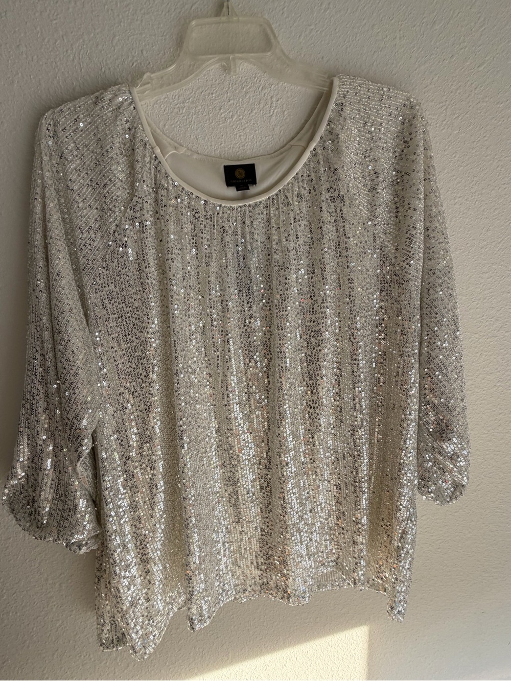 JM Collection Silver Sequin Scoop Neck Top